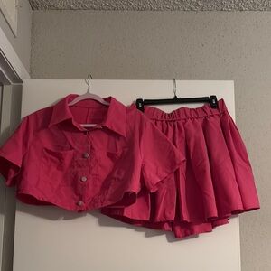Pink Button-Up Crop Top and Skirt Set